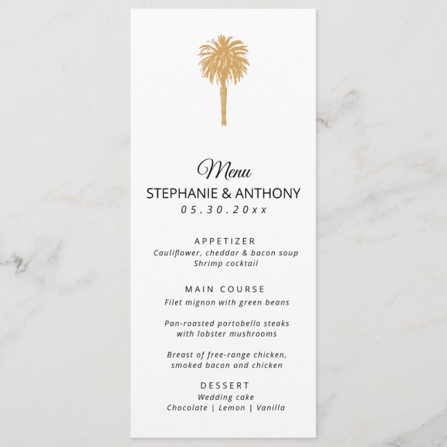 Tropical Beach Gold Palm Tree Destination Wedding  Menu (Front)
