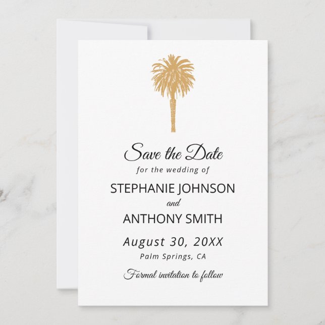 Tropical Beach Gold Palm Tree Destination Wedding Save The Date (Front)