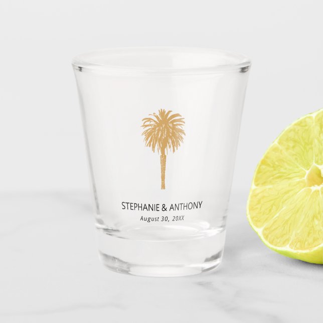 Tropical Beach Gold Palm Tree Destination Wedding  Shot Glass (Front)