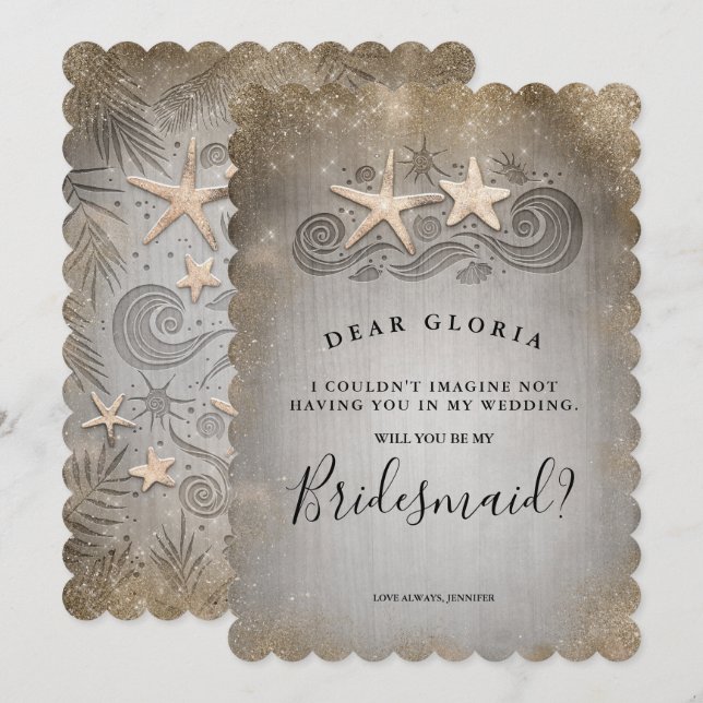 Tropical Beach Gold Starfish Bridesmaid Proposal Invitation (Front/Back)