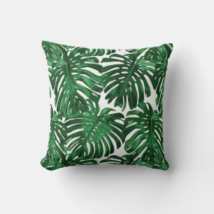 Tropical Beach Green Monstera Palm Jungle Leaves Cushion