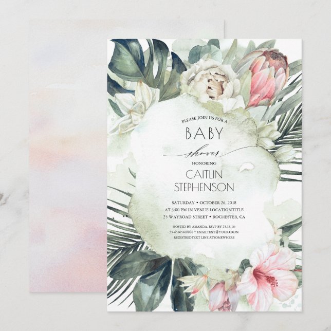 Tropical Beach Greenery and Flowers Baby Shower Invitation (Front/Back)