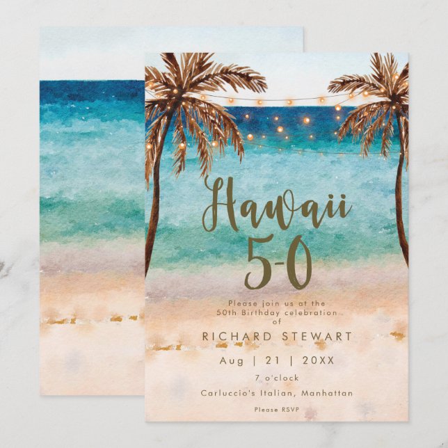 tropical beach hawaii 5 0 50th birthday party invitation (Front/Back)