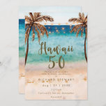 tropical beach hawaii 5 0 50th birthday party invitation<br><div class="desc">A lovely tropical beach themed 50th birthday invitation with palm trees and string lights and matching reverse side. Easy to edit or delete the available text fields to personalise the information with your own details for a professional and custom finish. Matching items are available in this boho collection. Please visit...</div>