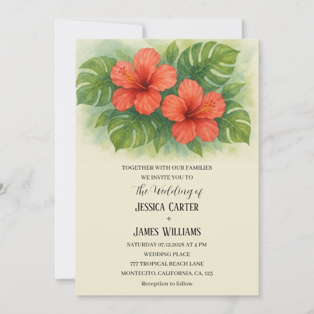 Tropical Beach Hawaiian Hibiscus Wedding Invitation (Front)