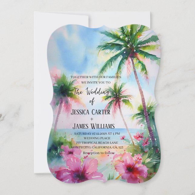 Tropical Beach Hawaiian Hibiscus Wedding Invitation (Front)