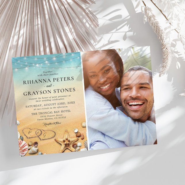 Tropical Beach Heart Photo Wedding Invitation (Creator Uploaded)