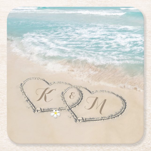 Tropical Beach Heart Shore Monogram Square Paper Coaster (Front)