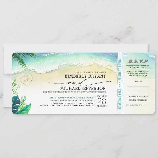 Tropical Beach Heart Shore Wedding Boarding Pass Invitation (Front)
