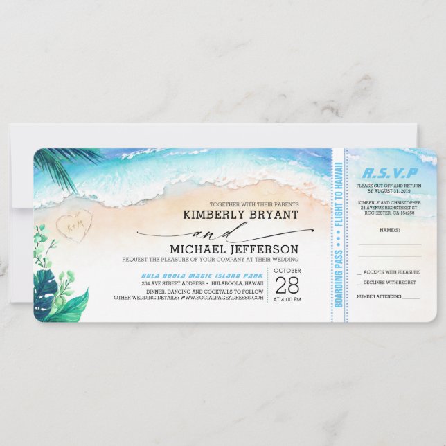 Tropical Beach Heart Shore Wedding Boarding Pass Invitation (Front)