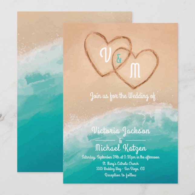 Tropical Beach Hearts in the Sand Wedding Invitation (Front/Back)