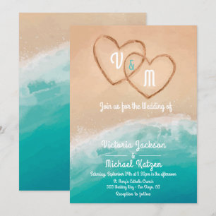 Tropical Beach Hearts in the Sand Wedding Invitation