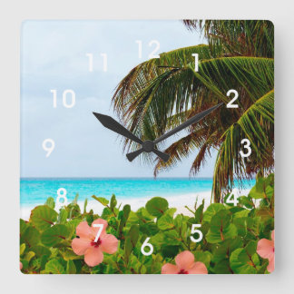 Tropical Beach Hibiscus Palm Tree Wall Clock