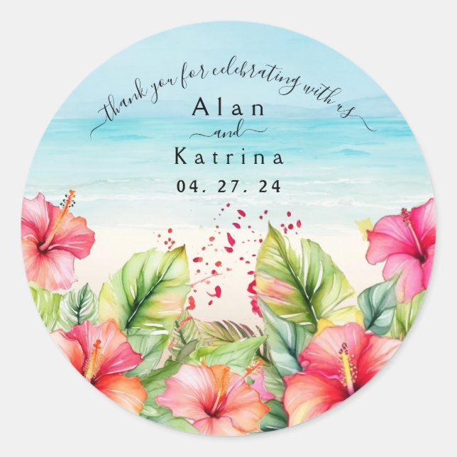  Tropical Beach Hibiscus Paper Plate Classic Round Sticker (Front)