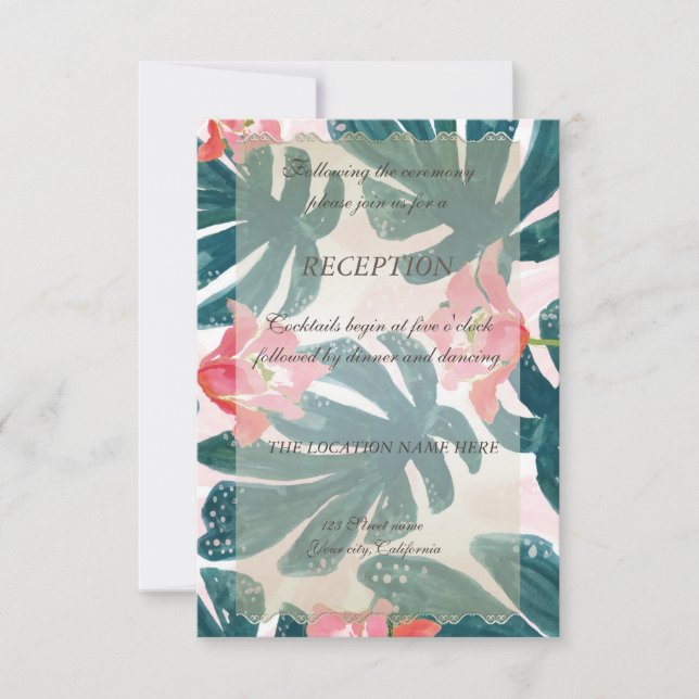Tropical Beach Hibiskus Palm Leaves  Reception Invitation (Front)
