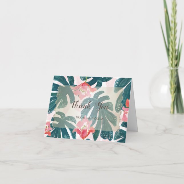 Tropical Beach Hibiskus Palm Leaves Thank You Card (Front)