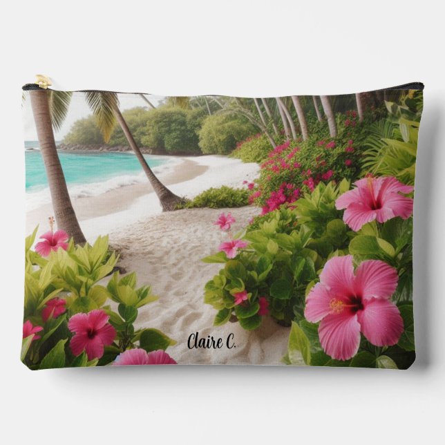 Tropical Beach Hot Pink Hibiscus Accessory Pouch (Front)