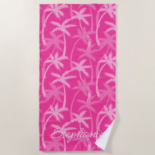 Tropical Beach Hot Pink Palm Tree Monogrammed Beach Towel