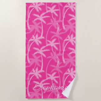 Tropical Beach Hot Pink Palm Tree Monogrammed Beach Towel