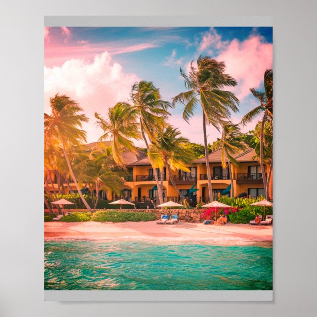 Tropical Beach Hotel with Coconut Trees Poster (Front)