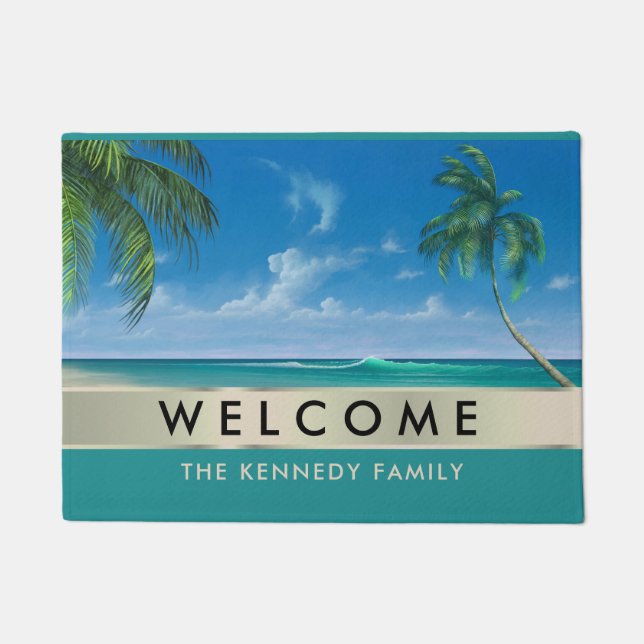 Tropical Beach House Family Name Welcome   Doormat (Front)