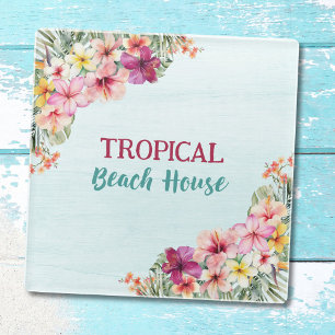 Tropical Beach House Pink Flowers Floral Botanical Glass Coaster