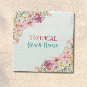 Tropical Beach House Pink Flowers Floral Botanical Stone Coaster