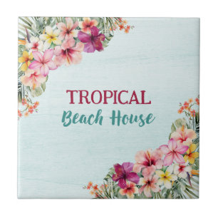 Tropical Beach House Pink Flowers Floral Botanical Tile