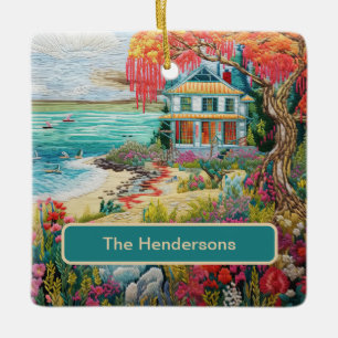Tropical Beach House Turquoise Pink Name Christmas Ceramic Ornament