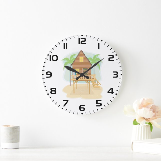 Tropical Beach Hut Surfboards and Palm Trees Large Clock (Creator Uploaded)