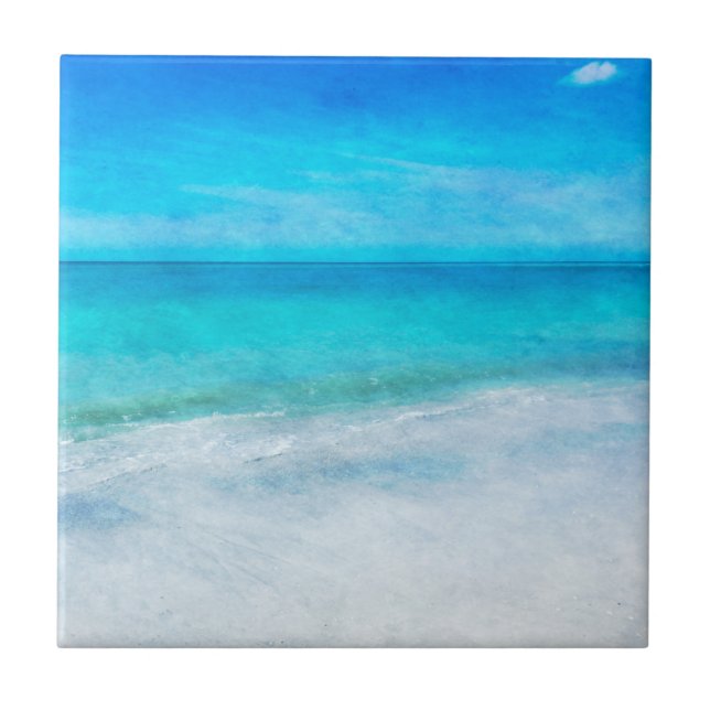 Tropical Beach in Teal Aqua Turquoise Blue Florida Tile (Front)