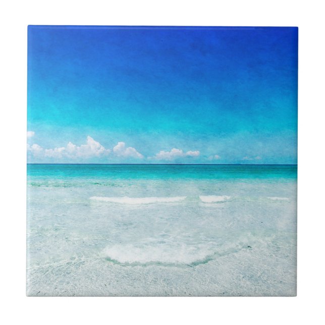 Tropical Beach in Teal Aqua Turquoise Blue Florida Tile (Front)