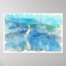 Tropical Beach in Teal Aqua Turquoise Blue with Wh Poster