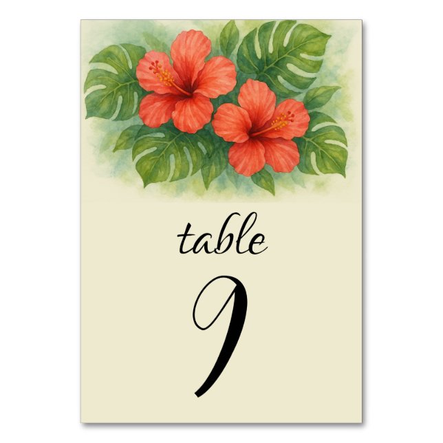 Tropical Beach Island Hawaiian Hibiscus Wedding Table Number (Front)