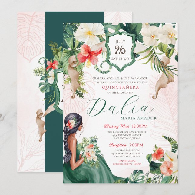 Tropical Beach Island Quinceanera Birthday Invitation (Front/Back)