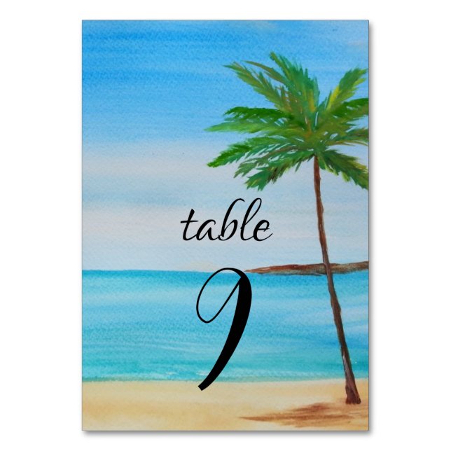Tropical Beach Island Summer Palm Tree Wedding Table Number (Front)