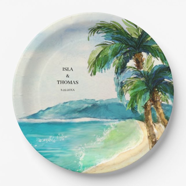 Tropical Beach Lagoon | Palm Tree Paradise Wedding Paper Plate (Front)