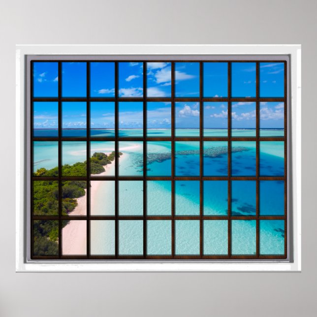 Tropical Beach Lattice Window View Poster (Front)