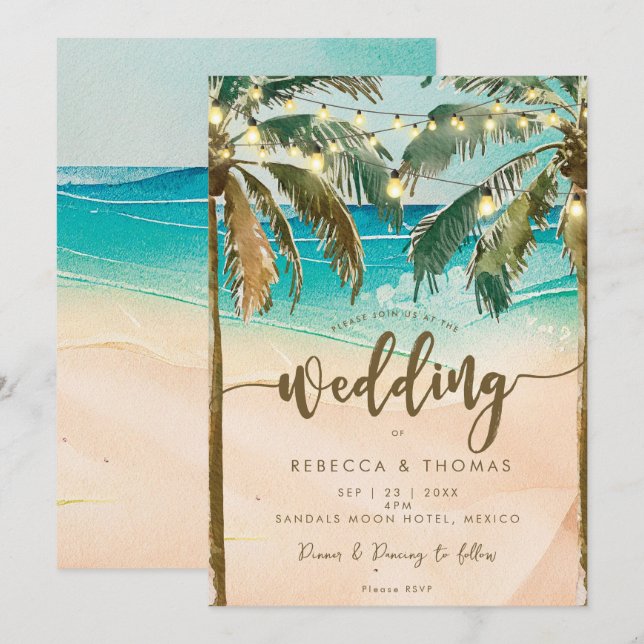 tropical beach lights modern wedding invitation (Front/Back)