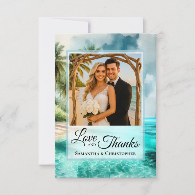 Tropical Beach Love & Thanks Photo & Note Wedding Thank You Card (Front)