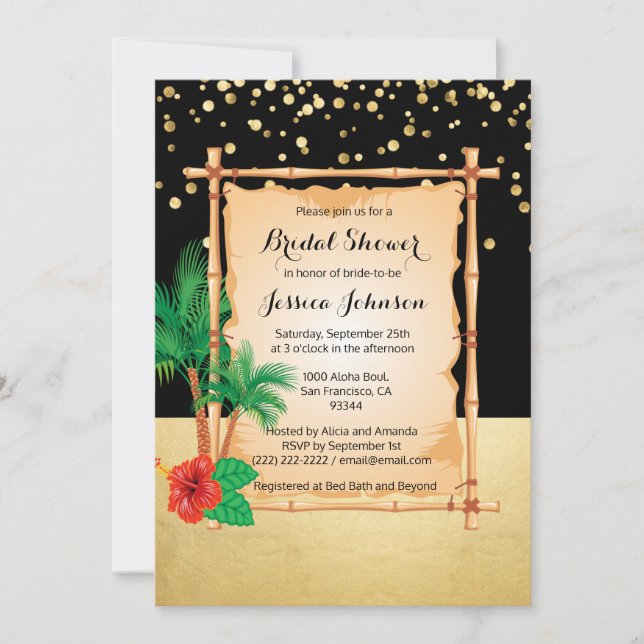 Tropical Beach Luau Black Gold Bridal Shower Invitation (Front)