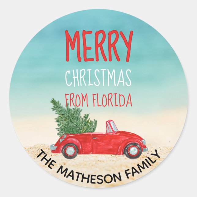 Tropical Beach Merry Christmas Florida Holiday Classic Round Sticker (Front)