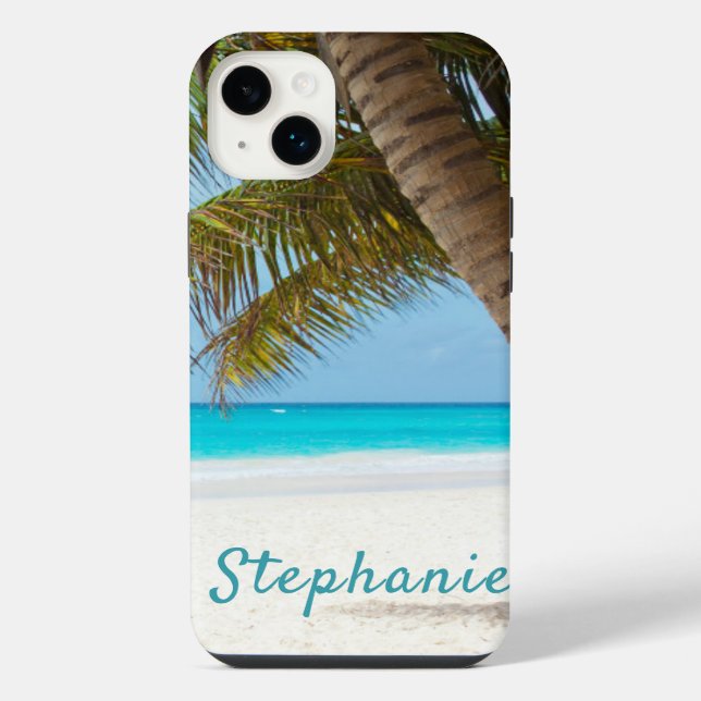 Tropical Beach Monogram Palm Tree Turquoise Cool  iPhone Case (Back)