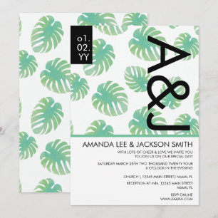 Tropical Beach Monstera Green Black Wedding Invita Invitation