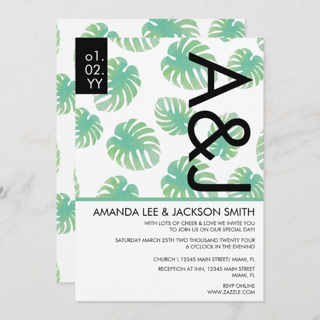 Tropical Beach Monstera Green Black Wedding Invita Invitation (Front/Back)