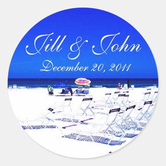 Tropical Beach Names and Date Wedding Sticker (Front)