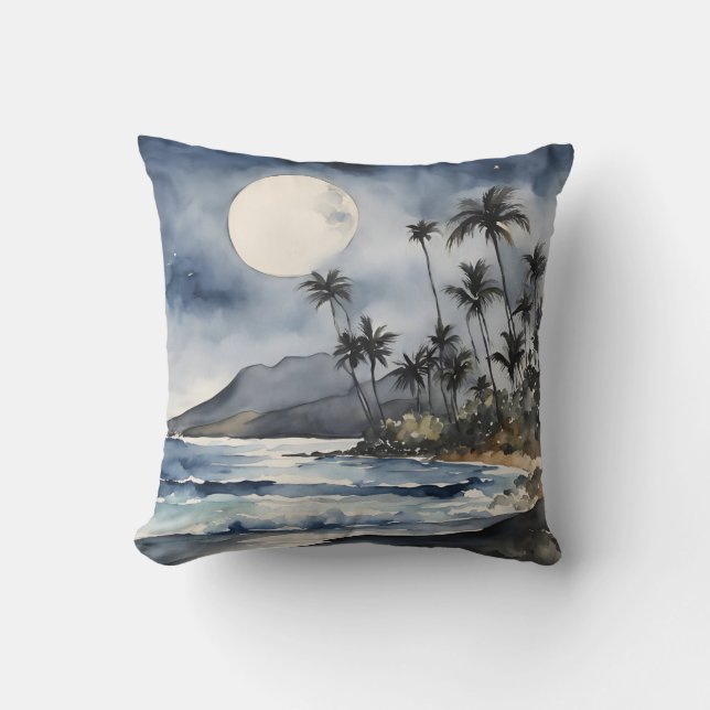 Tropical Beach Night Sky Moon Watercolors Cushion (Front)