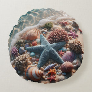 Tropical Beach Ocean Blue Starfish Seashells Round Cushion