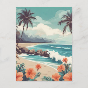 Tropical Beach, Ocean, Hibiscus Flowers  Postcard
