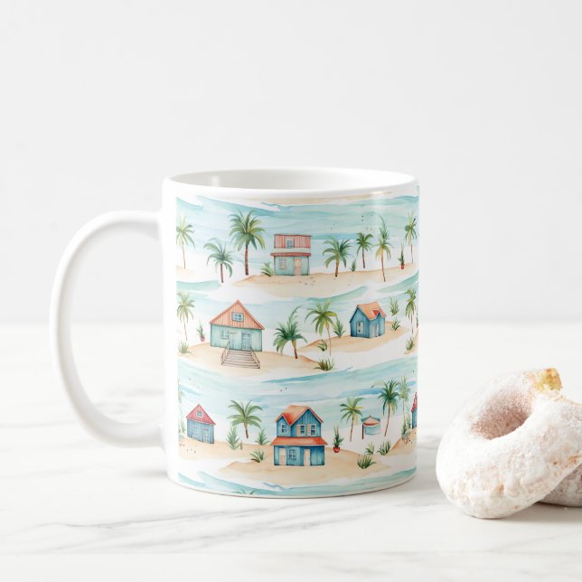 Tropical Beach Ocean Palm Tree Coffee Mug (With Donut)